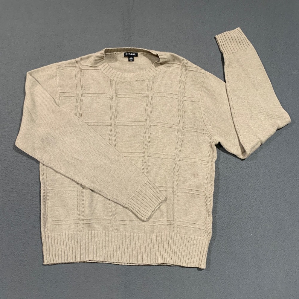 George Mens M Gray Textured Grid Crew Neck Cotton Blend Sweater‎ Neutral